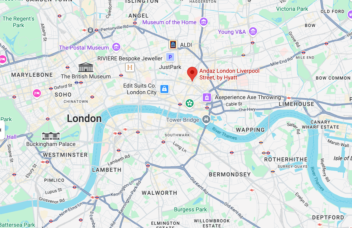 Map showing Hunter Fitness location at The Andaz Hotel Health Club, 40 Liverpool Street, London EC2M 7QN